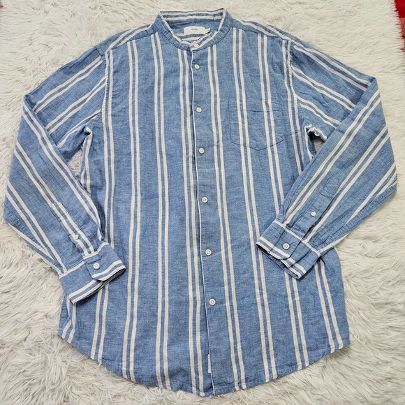 Onia Other - Onia Men's Blue Striped Button Up Long Sleeve Air Linen Blend Shirt. Size L